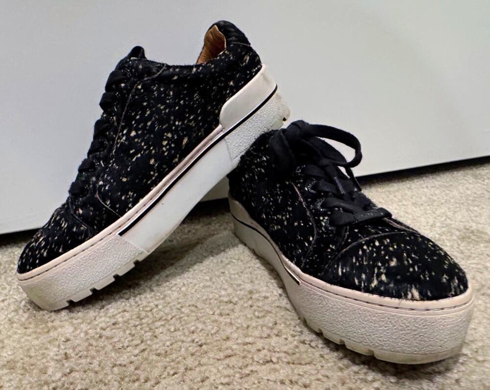 J/Slides NYC Womens 7M Black Beige Calf Hair Pony Hair Platform Sneakers